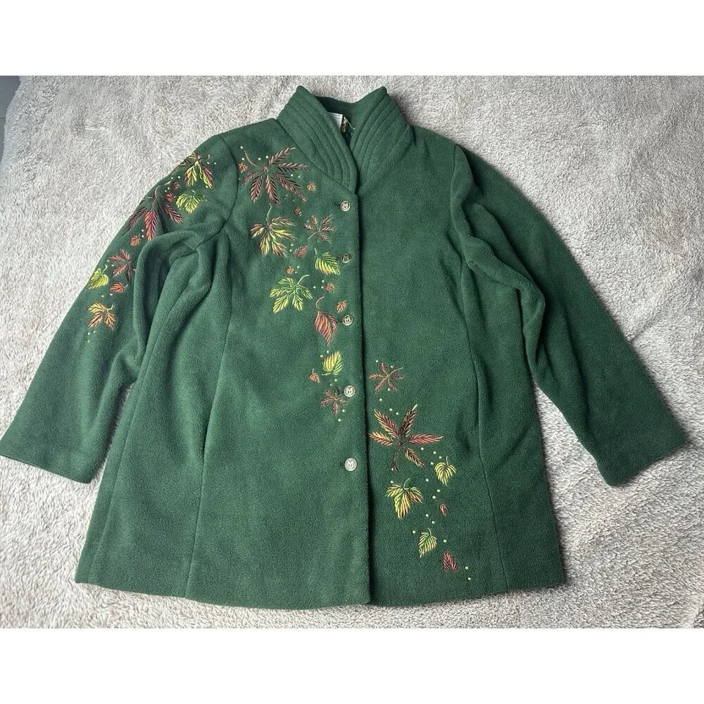 Bob Mackie Embroidered Fleece Jacket Green Button Front Fall Leaves Women’s XL